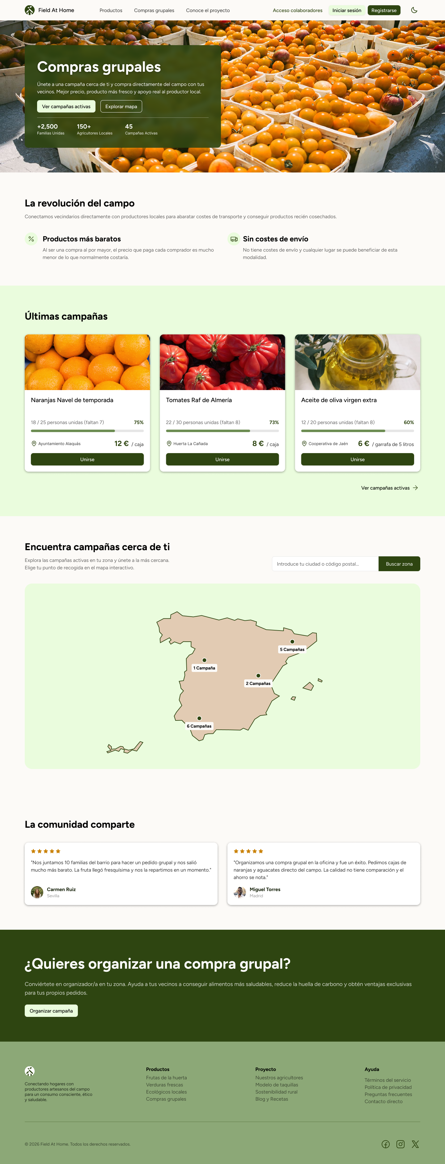 Página de compras grupales en Field At Home
